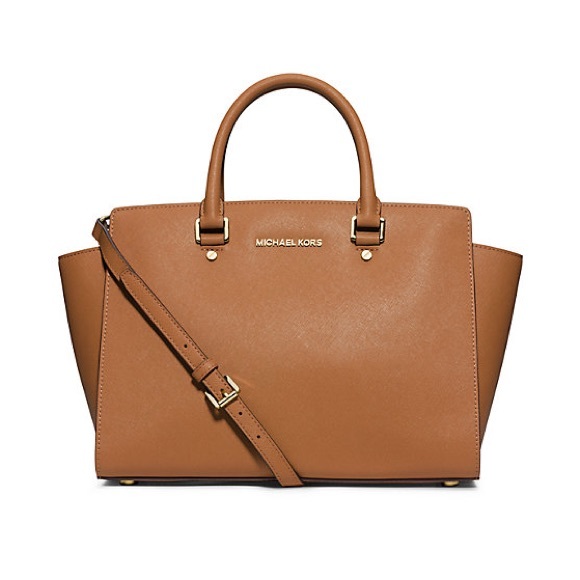 Michael Kors 'Selma' Brown Saffiano Leather Satchel w Cross Strap, Gold Hardware - Picture 1 of 12